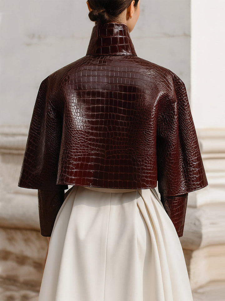 Minimalist Cape Collar Glossy Crocodile Eco-leather Jacket