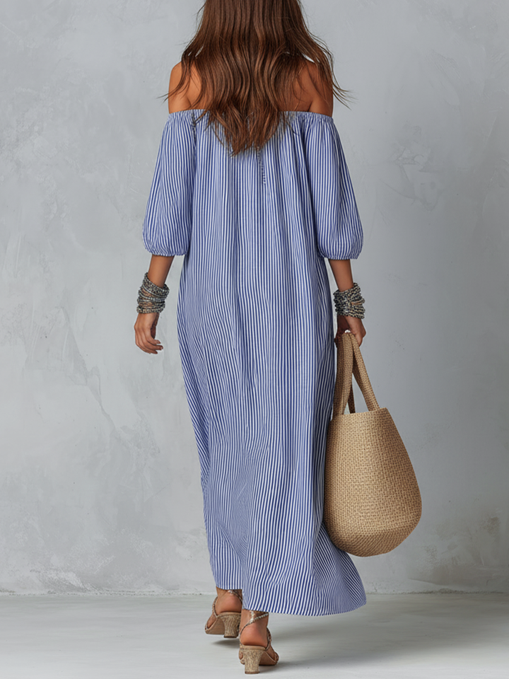Blue And White Striped Off-the-shoulder Loose-fitting Resort Dress