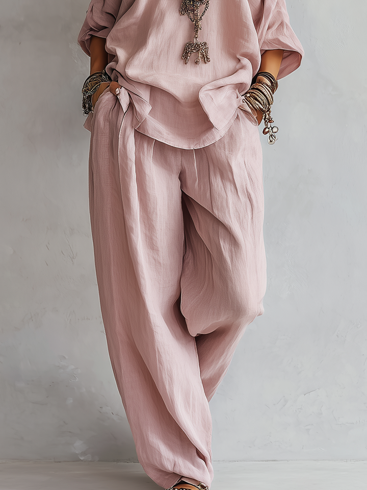 Casual Light Pink Linen Wide-leg Pants Set