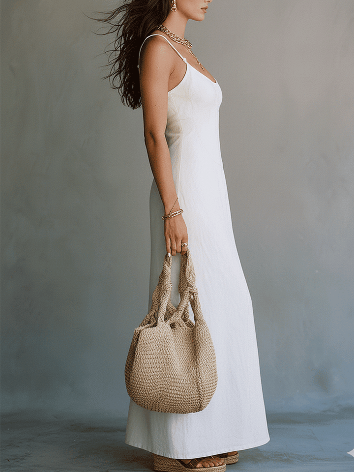 Elegant White Minimal Strappy Slit Maxi Dress