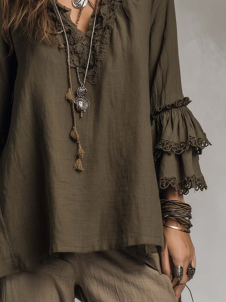 Ruffled Lace Cotton Linen Long-sleeved Blouse